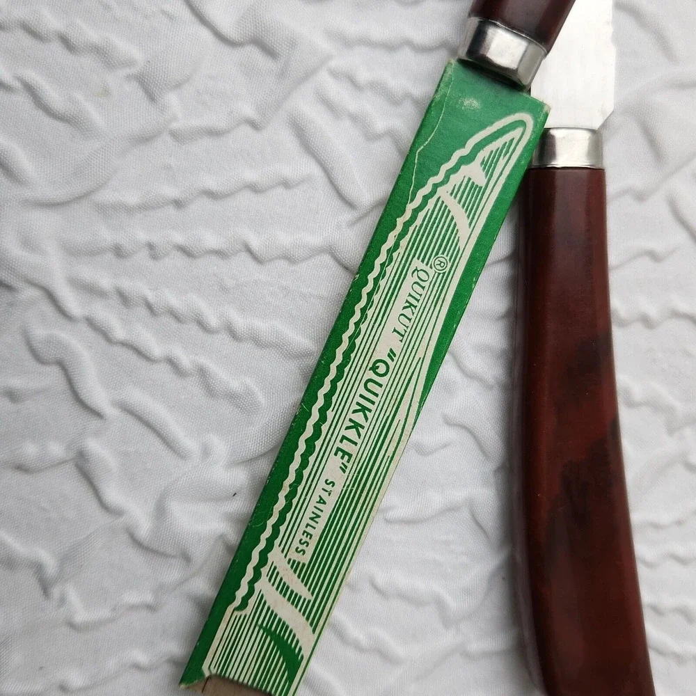 Quikut QUIKKLE Set Of 2 Stainless Steel Steak Knifes Brown Handle Vintage
